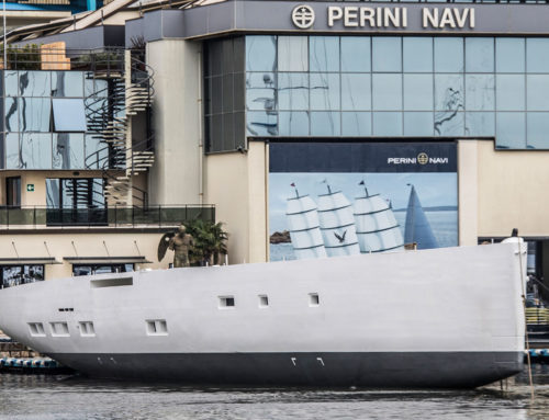 The hull of S/Y 42m GTS,  the second vessel in the E-volution Gallery, arrives in Viareggio